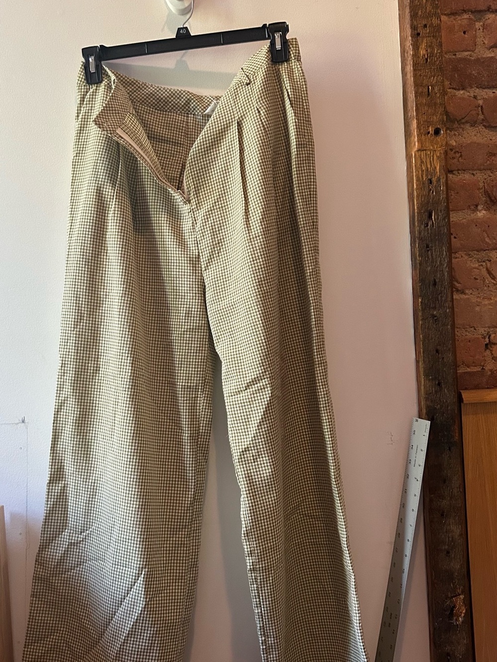 Beige Gingham Pleated Pants